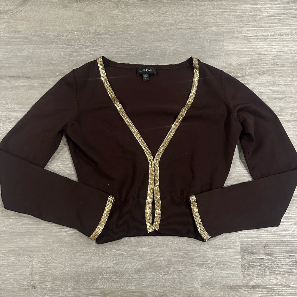 Bebe Chocolate Cardigan with Shimmering Gold Trim y2k